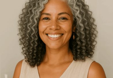 Mulher Grisalha com cabelo cacheado