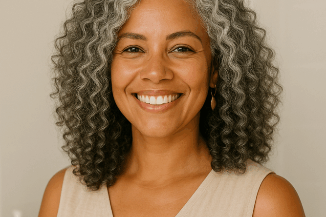 Mulher Grisalha com cabelo cacheado