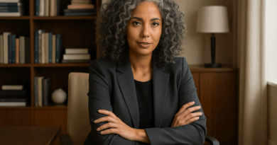 Mulher sentada, braços cruzados em um escritório - Imagem gerada por IA