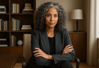 Mulher sentada, braços cruzados em um escritório - Imagem gerada por IA