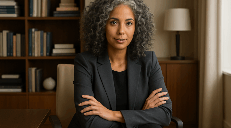 Mulher sentada, braços cruzados em um escritório - Imagem gerada por IA