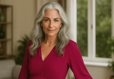 Mulher com Cabelos Lisos, Longos, Ondulados Grisalhos - Imagem gerada por IA