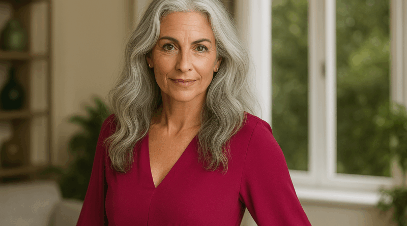 Mulher com Cabelos Lisos, Longos, Ondulados Grisalhos - Imagem gerada por IA