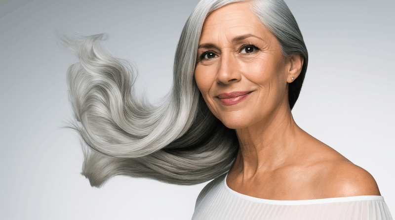 Mulher com cabelos grisalhos soltos - imagem gerada por IA