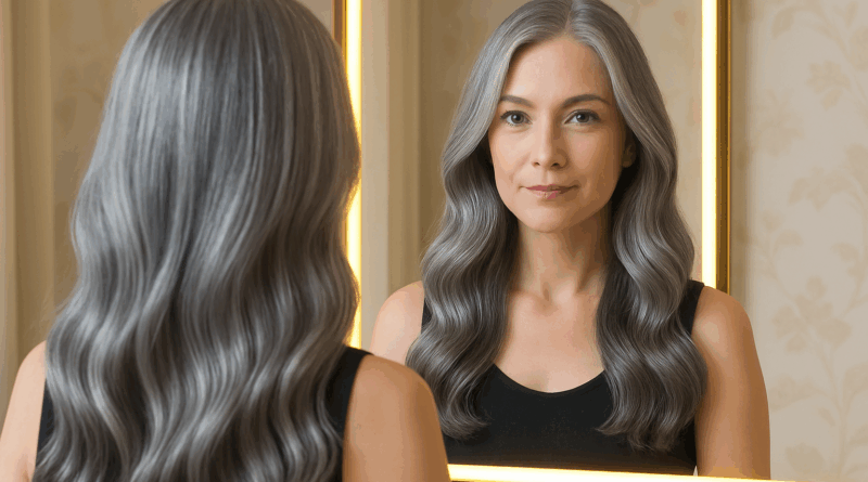 Mulher grisalha se olhando ao espelho - Imagem gerada por IA