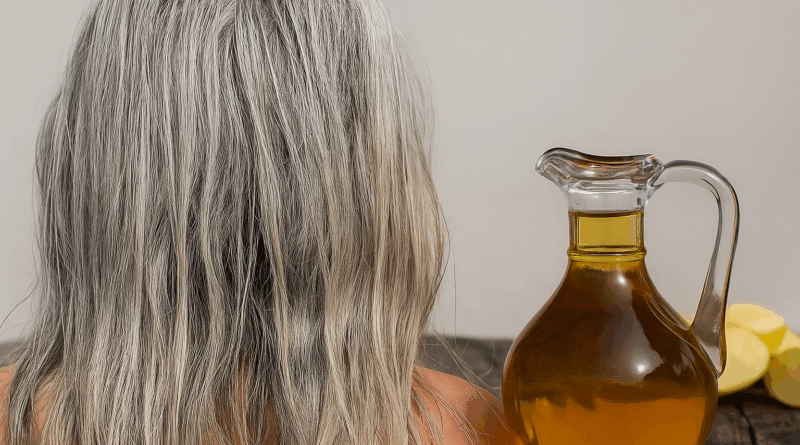 Mulher com Cabelos Grisalhos e uma jarra de azeite ao lado - imagem gerada por IA.