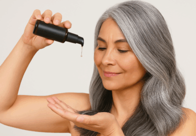 Mulher grisalha com frasco de óleo fazendo umectação capilar - Imagem gerada por IA.