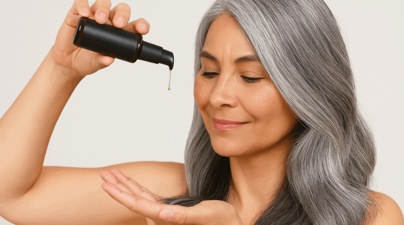 Mulher grisalha com frasco de óleo fazendo umectação capilar - Imagem gerada por IA.