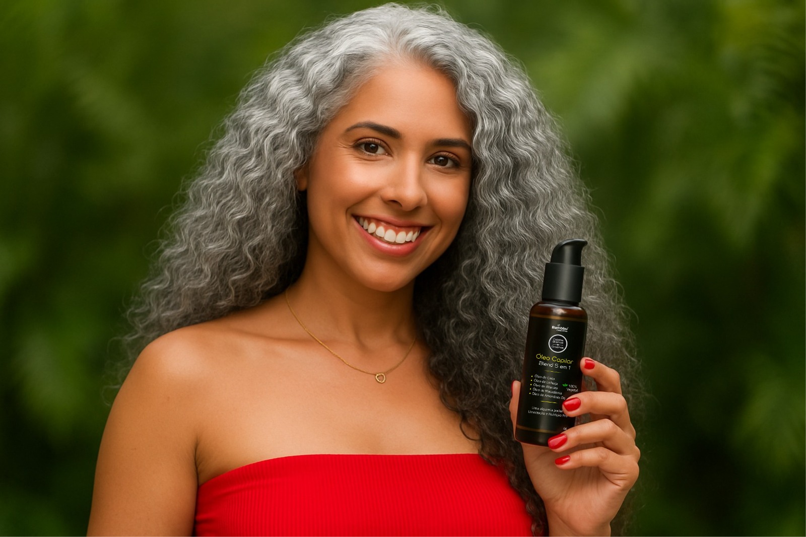 Mulher grisalha cacheada com produto oleo capilar - Imagem gerada por IA