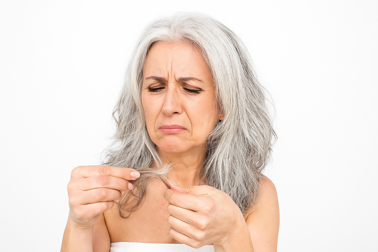 Mulher grisalha com cabelos ressacados - Imagem gerada por IA