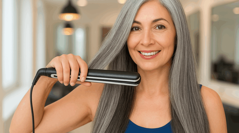 Mulher grisalho utilizando prancha no cabelo - Imagem gerada por IA