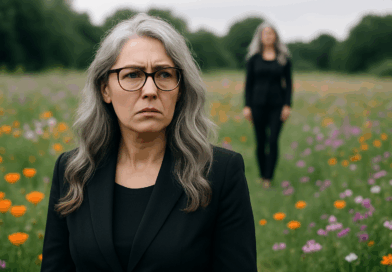 Mulher grisalha com fisionomia de preocupada em campo aberto com flores - Imagem gerada por IA