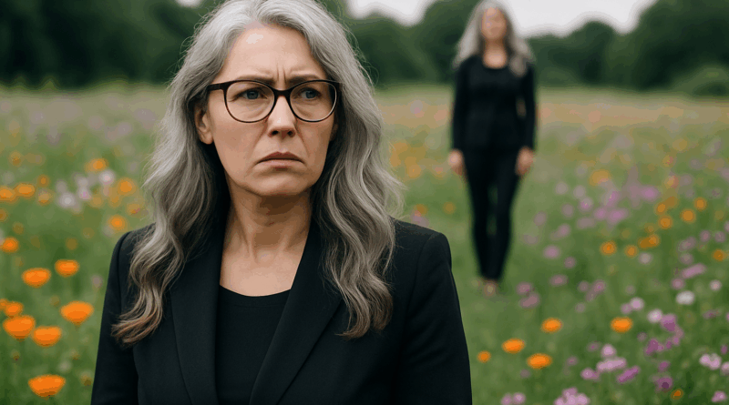 Mulher grisalha com fisionomia de preocupada em campo aberto com flores - Imagem gerada por IA