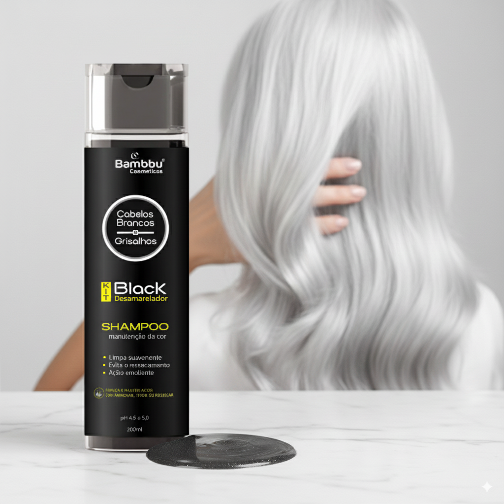 Mulher grisalha de costas com shampoo black desamarelador - Imagem gerada por IA