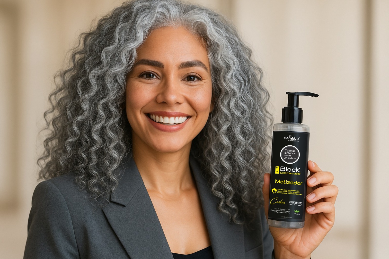 Mulher Grisalha Cacheada com produto Matizador - Imagem gerada por IA