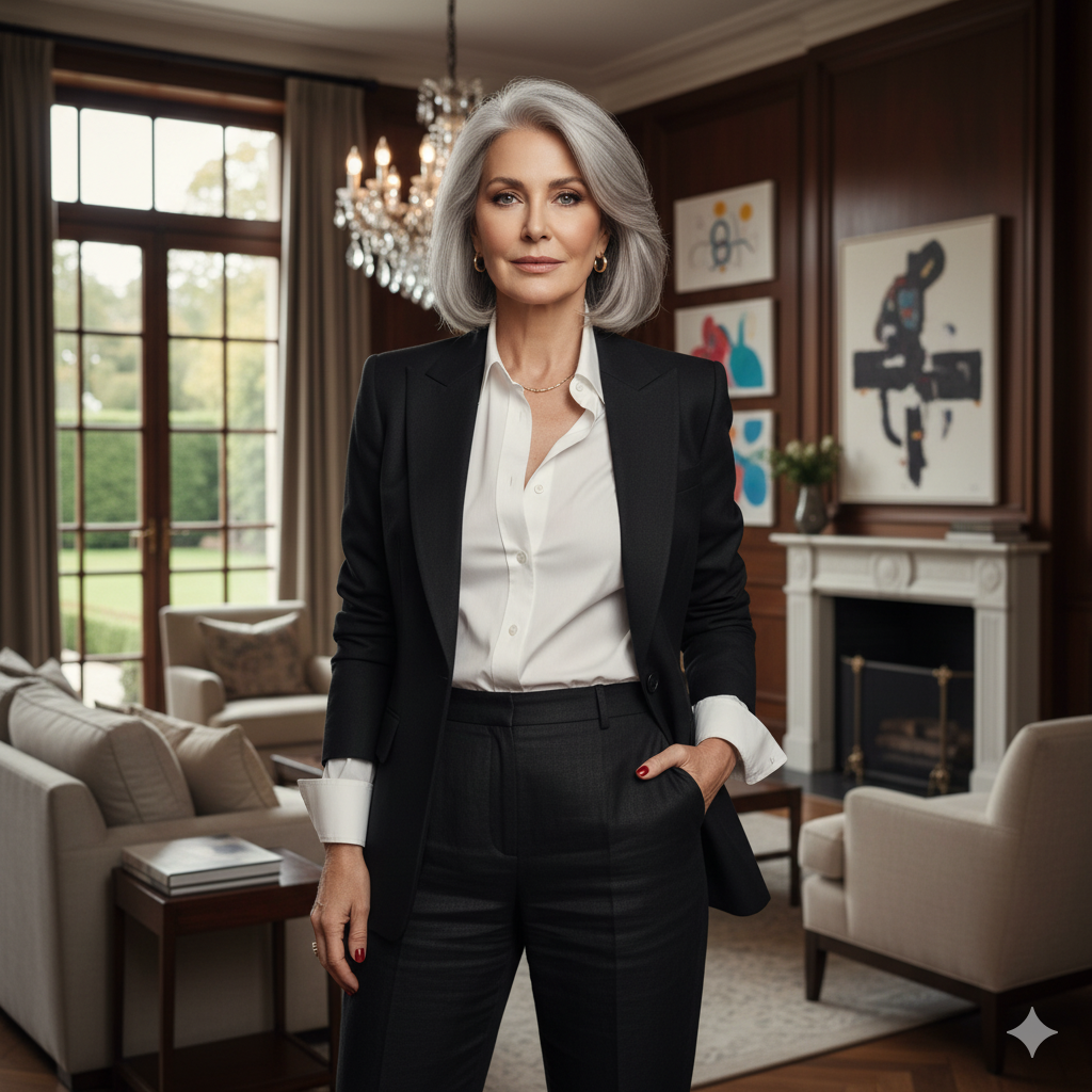 Mulher_grisalha_elegante_sala - Imagem gerada por IA
