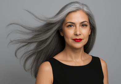 Mulher grisalha cabelos ao vento - imagem gerada por IA.