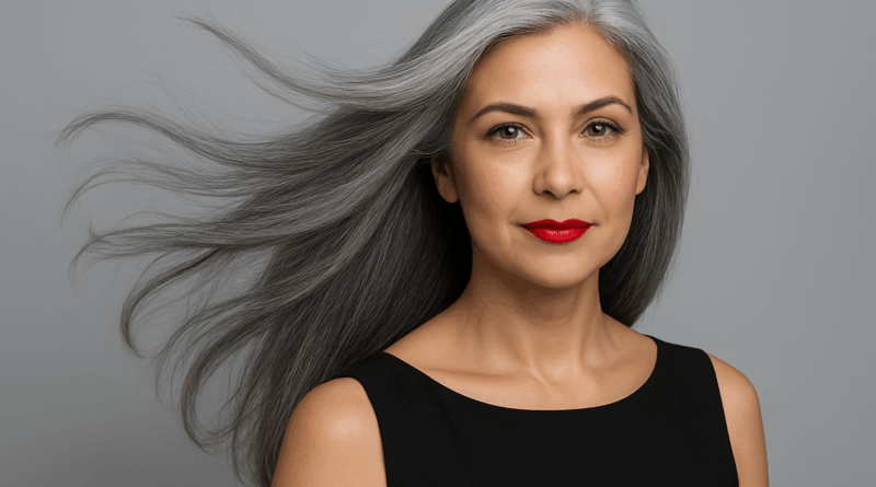 Mulher grisalha cabelos ao vento - imagem gerada por IA.