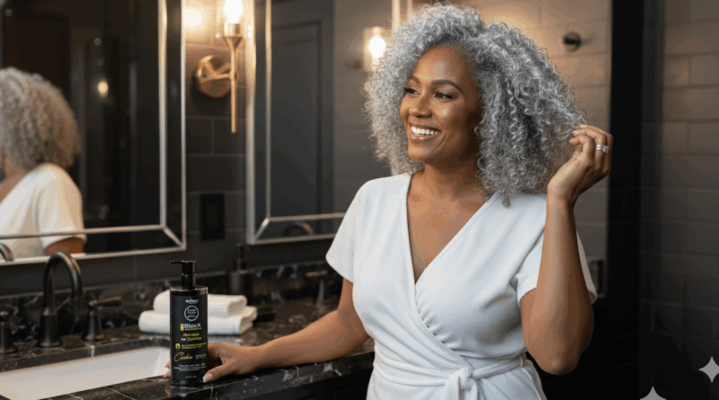 Mulher Negra grisalha com Ativador de Cachos - Imagem gerada por IA.