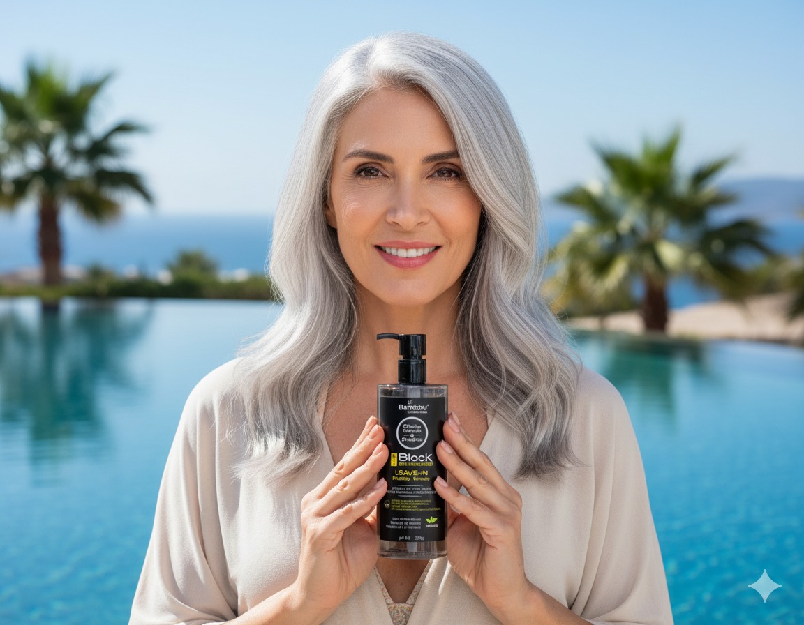 Mulher grisalha leave-in piscina - imagem gerada por IA