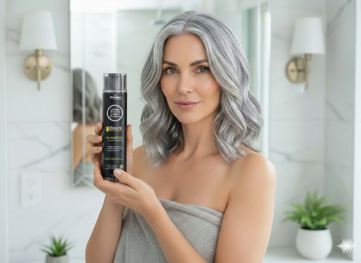 Mulher grisalha segurando shampoo banheiro - imagem gerada por IA