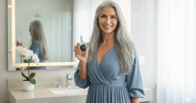 Mulher grisalha com produto sérum - Imagem gerada por IA