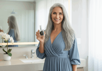 Mulher grisalha com produto sérum - Imagem gerada por IA