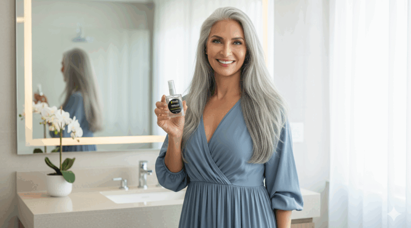 Mulher grisalha com produto sérum - Imagem gerada por IA