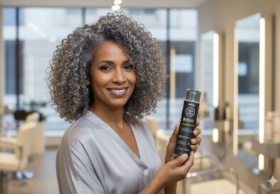 Mulher negra grisalha com condicionador cachos - Imagem gerada por IA.