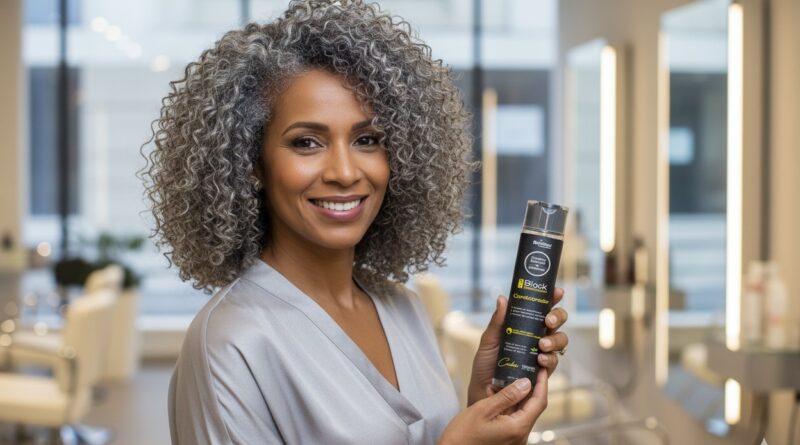 Mulher negra grisalha com condicionador cachos - Imagem gerada por IA.