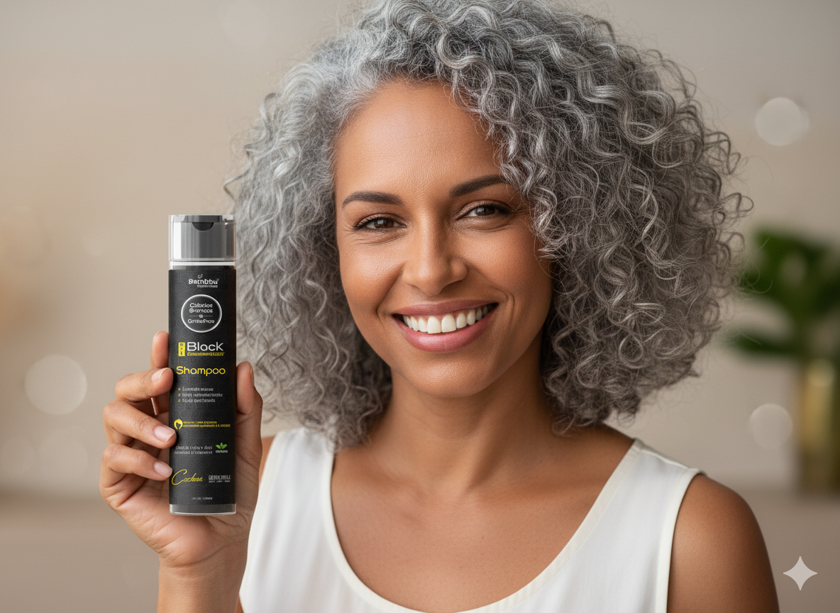 Mulher negra com shampoo cachos - Imagem gerada por IA