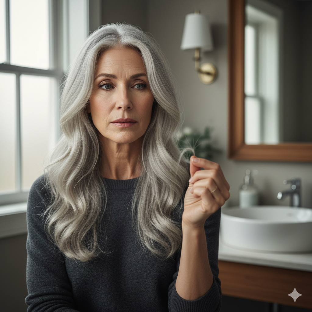 Mulher grisalha cabelo quebrado - Imagem gerada por IA