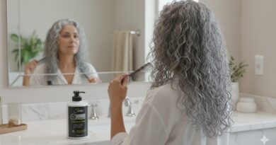 Mulher grisalha cacheada creme pentear - Imagem gerada por IA