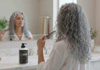 Mulher grisalha cacheada creme pentear - Imagem gerada por IA