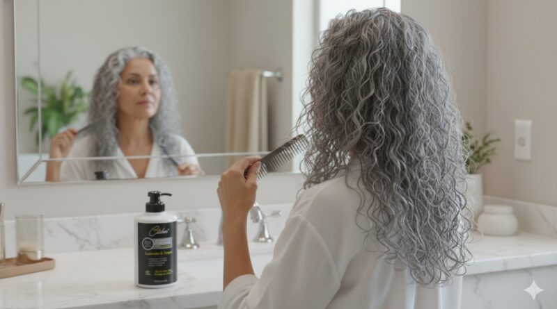 Mulher grisalha cacheada creme pentear - Imagem gerada por IA