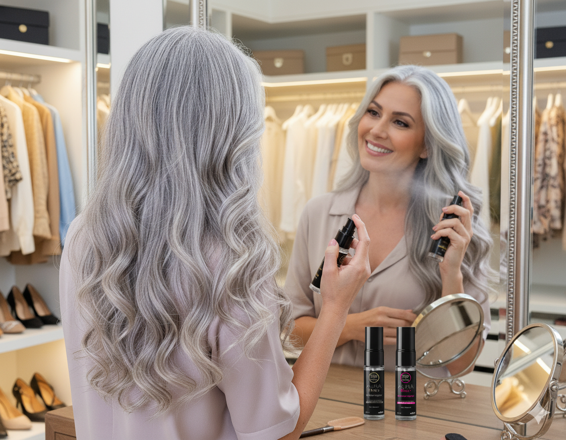 Mulher grisalha perfume capilar - imagem gerada por IA