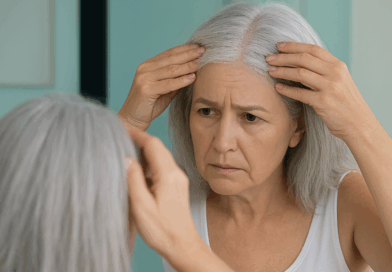Mulher grisalha queda cabelo - Imagem gerada por IA