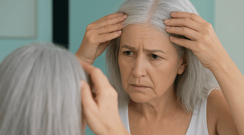 Mulher grisalha queda cabelo - Imagem gerada por IA
