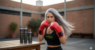 Mulher grisalha boxeadora kit black - Imagem gerada por IA