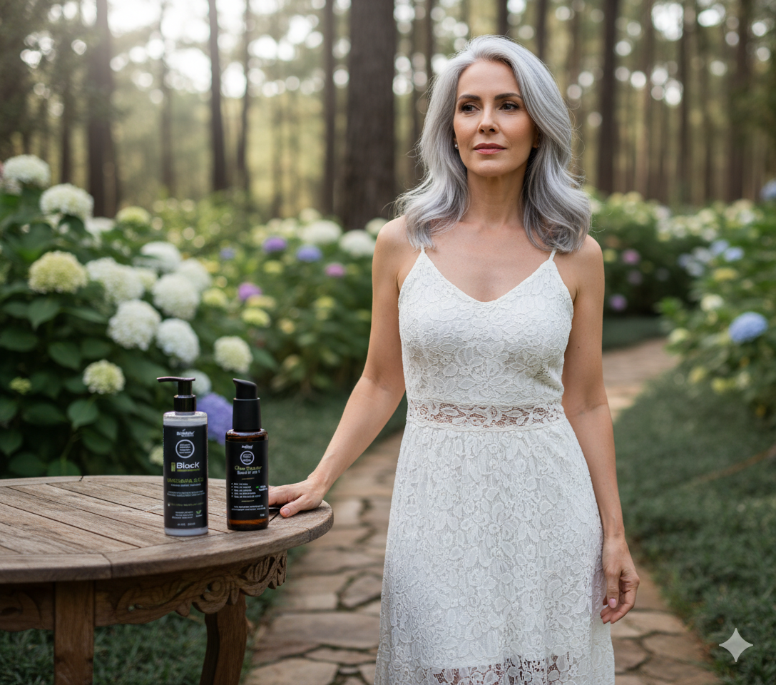 Mulher grisalha oleo e mascara sos - Imagem gerada por IA