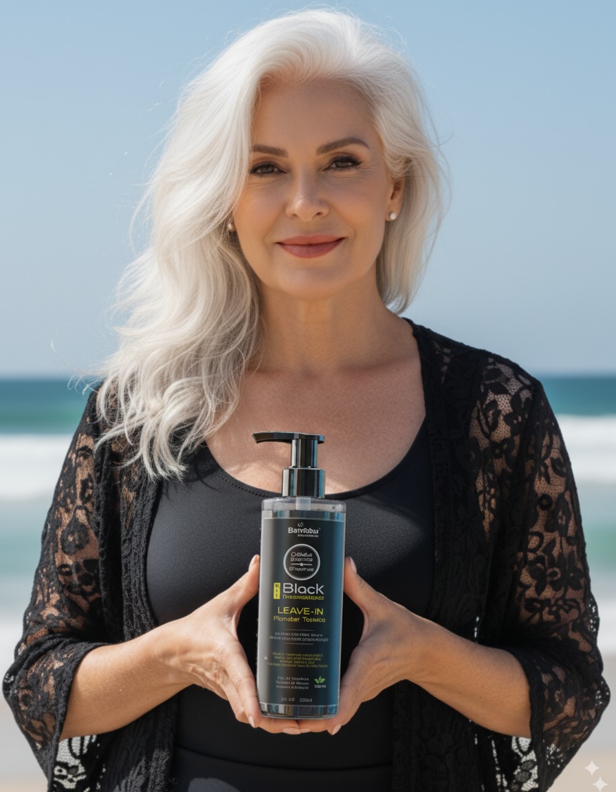 Mulher grisalha praia leave-in - Imagem gerada por IA