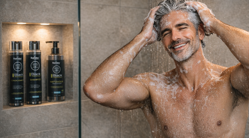 Homem grisalho em banho shampoo - imagem gerada por IA