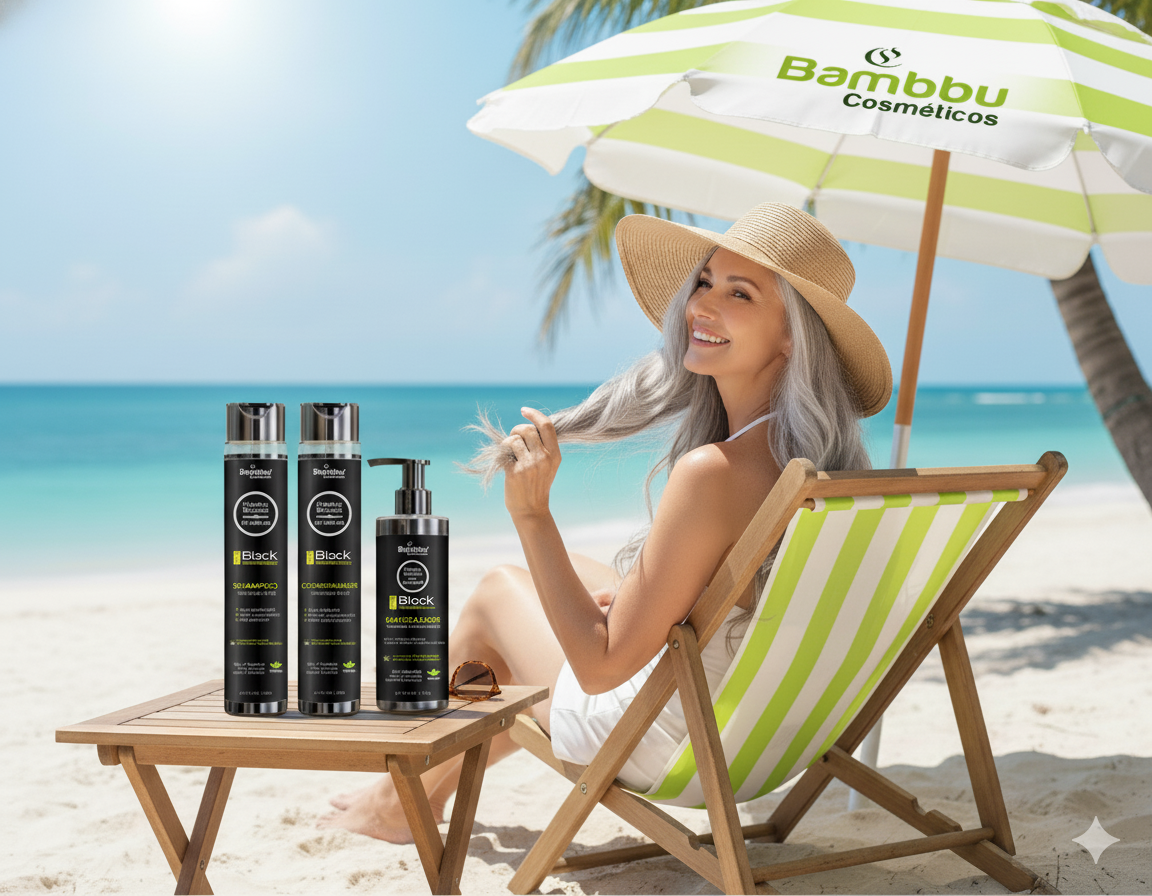 Mulher grisalha praia - kit black desamarelador - Imagem gerada por IA