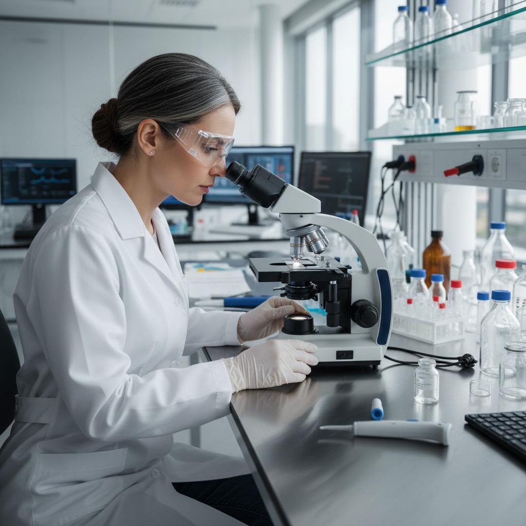 Mulher Laboratório olhando no microscópio - imagem gerada por IA