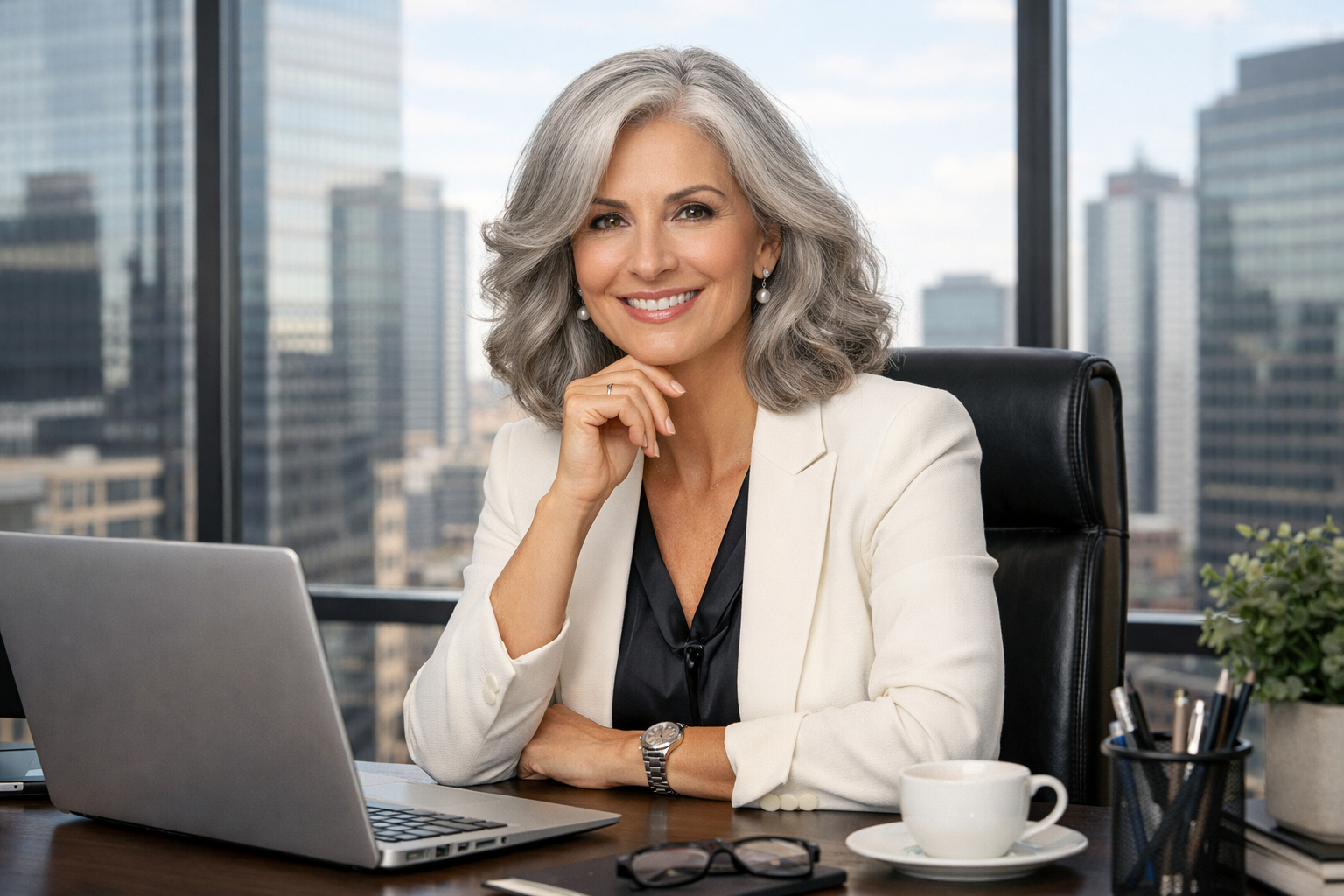 Mulher grisalha feliz em escritório - imagem gerada por IA