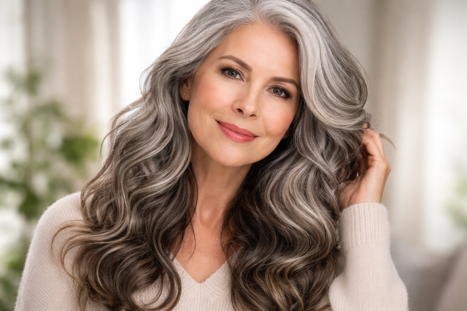 Mulher grisalha cabelos ondulados longo - imagem gerada por IA